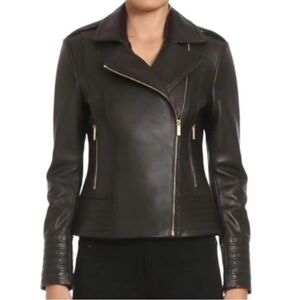 BADGLEY MISCHKA Gia Moto Asymmetrical Zipper Leather Jacket Size XS Black Gold
